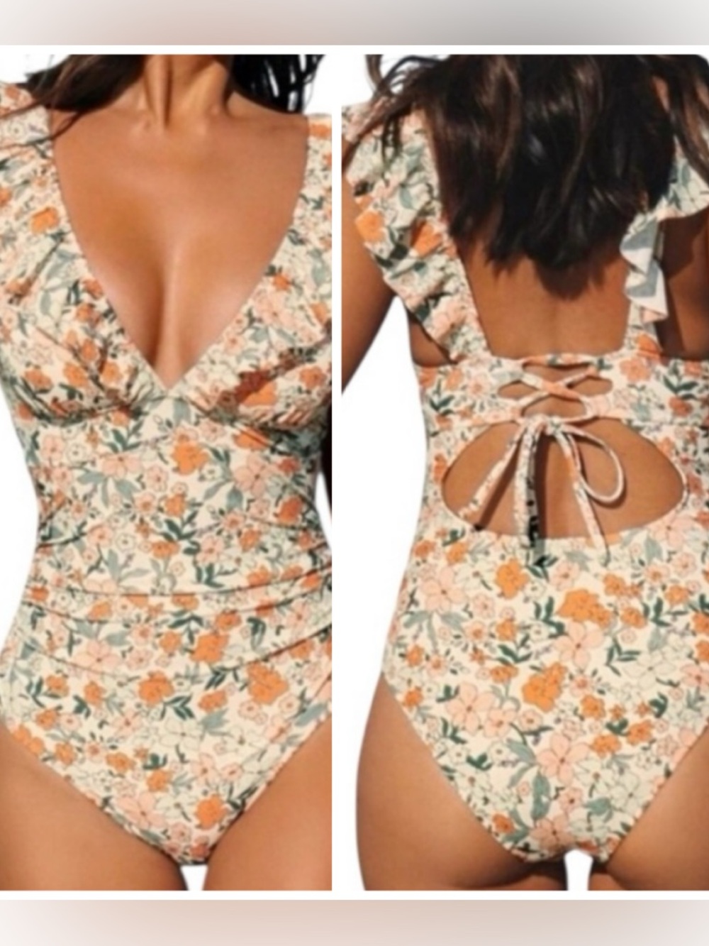 Cupshe Floral Ruffled One Piece V Neck Tan Large New with Tag